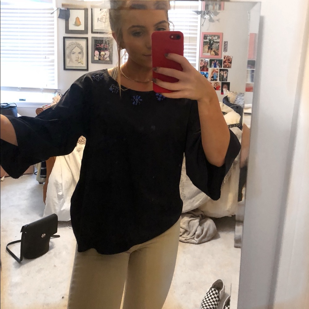 Navy satin bell sleeved blouse